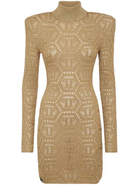 PHILIPP PLEIN monogram-pattern crochet-knit minidress