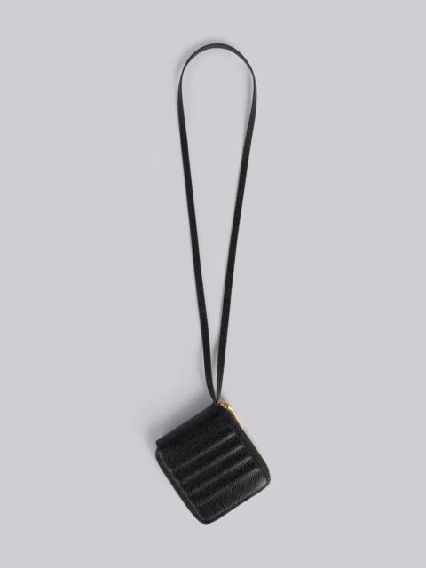 Black Pebble Grain Leather Debossed 4-Bar Compact Zip Wallet With Strap
