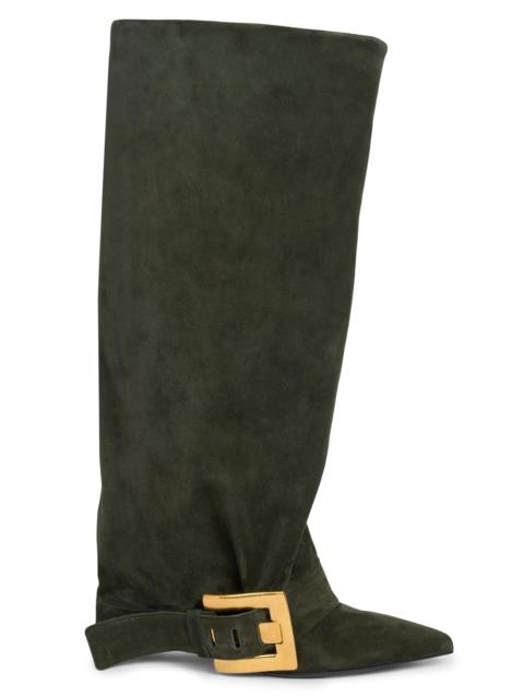 Balmain Women's Anthem 75MM Suede Knee-High Boots - Kaki Fonce