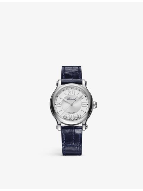 Chopard 278608-3001 Happy Sport alligator-embossed leather, stainless-steel and 0.25ct diamond self-winding 
