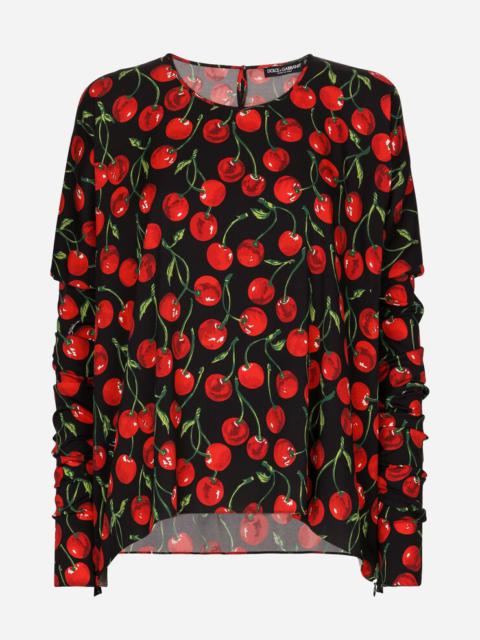 Dolce & Gabbana Cherry-print charmeuse top with gathered sleeves