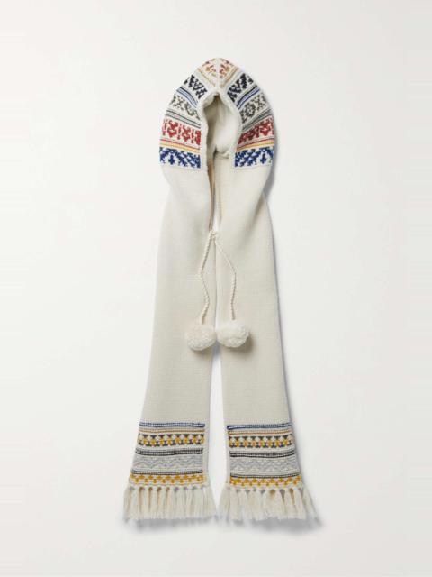 Hooded pompom-embellished fringed Fair Isle cashmere scarf