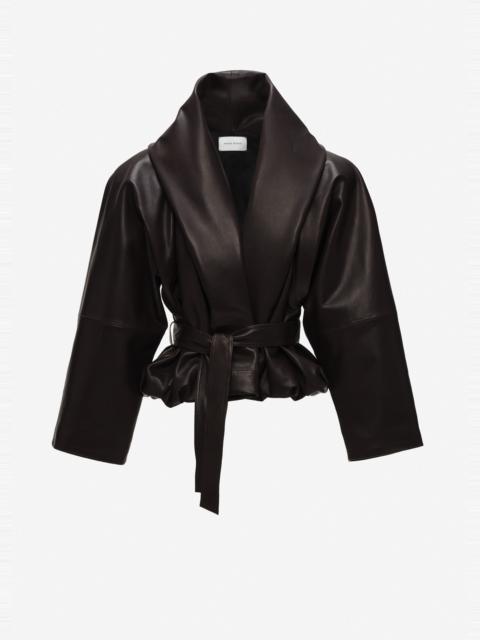 MAGDA BUTRYM Belted peplum leather jacket in dark brown