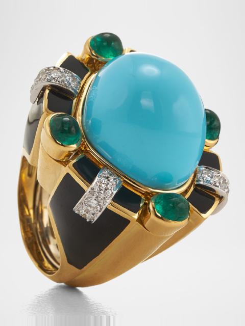 DAVID WEBB Turquoise, Emerald and Diamond Ring