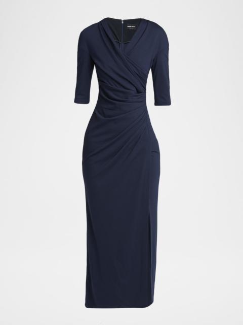 GIORGIO ARMANI Elbow-Sleeve Draped Slit Midi Dress