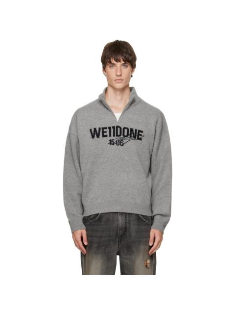 We11done Gray Wide Logo Half-Zip Sweater