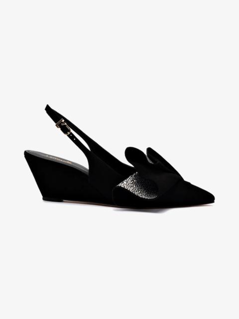 Larroudé Loulou Ruffle Pump In Black Suede and Crystals