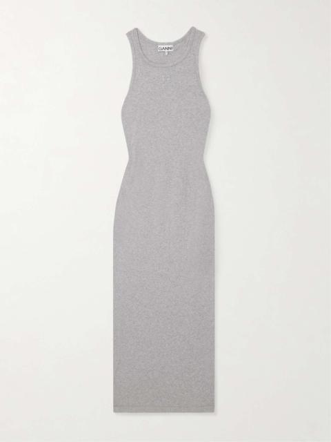 GANNI Ruched ribbed organic cotton-blend midi dress