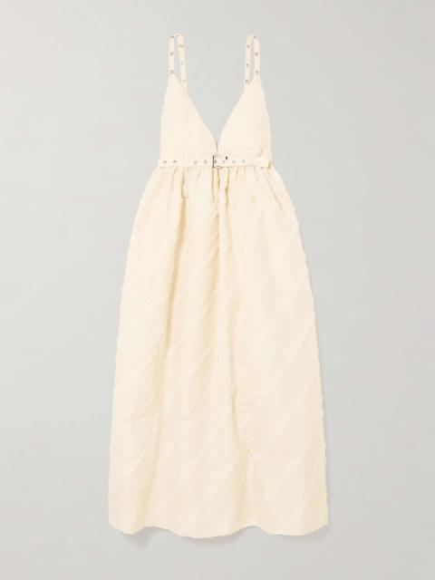 GANNI Belted eyelet-embellished striped taffeta midi dress Cream