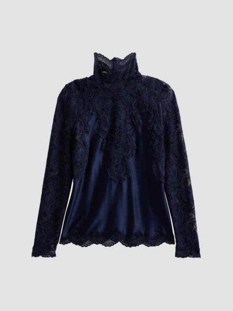 rabanne Women's Lace Satin Long-Sleeve Top - Deep Navy