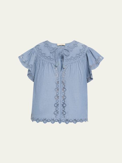 Effie Embroidered Flutter-Sleeve Top