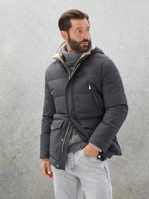 Wool, silk and cashmere bonded diagonal down jacket with detachable hood