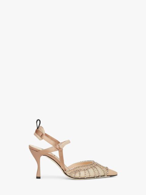 FENDI High-heeled slingbacks in pink micromesh with rhinestone embroidery