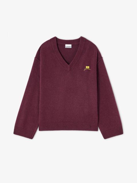 GANNI BURGUNDY WOOL MIX V-NECK SWEATER