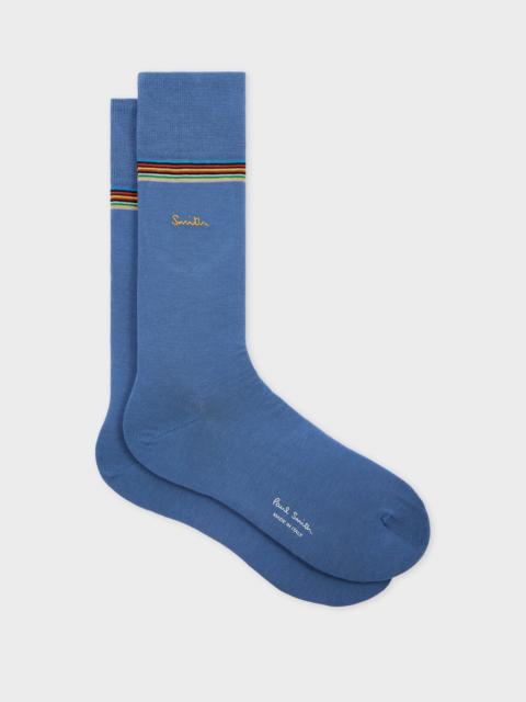 Paul Smith Light Blue Gold Embroidered Logo Stripe Trim Cotton-Blend Socks