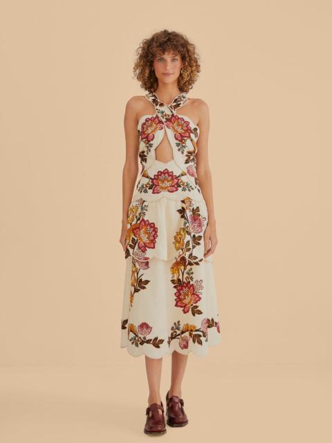 FARM RIO Sand Leopard Flowers Cut Out Midi Dress