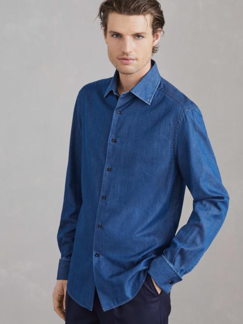 Brunello Cucinelli Lightweight denim slim fit tuxedo shirt with spread collar