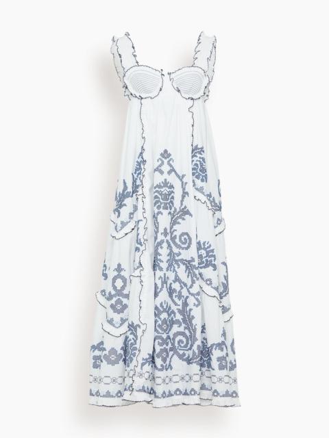 ALÉMAIS Hazel Smocked Embroiderd Midi Dress in White