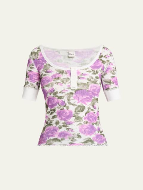 Chloé Floral Rib Short-Sleeve Henley Top