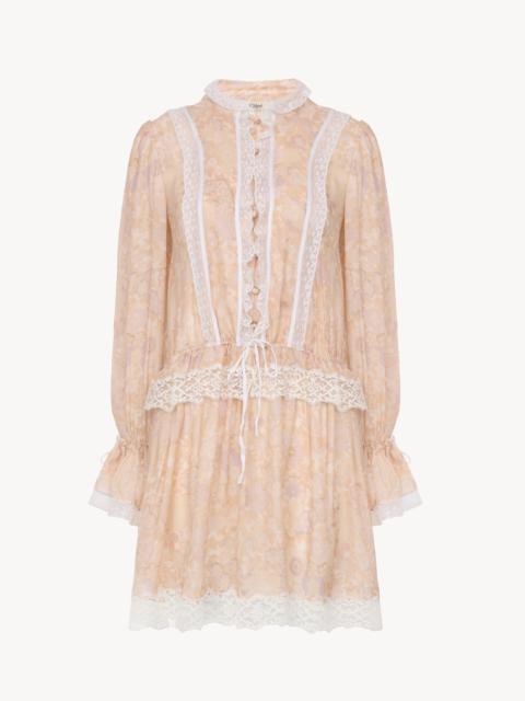 Chloé PUFF-SLEEVE MINI DRESS IN SILK CHARMEUSE & LACE