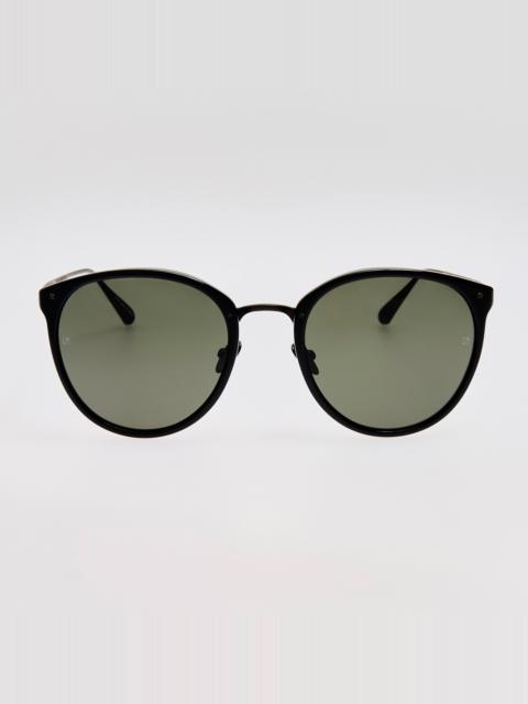 LINDA FARROW CALTHORPE OVAL SUNGLASSES IN BLACK AND MATT NICKEL (MEN'S)