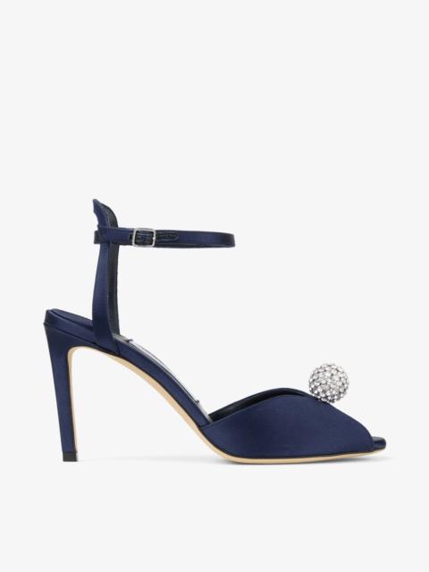 JIMMY CHOO Sacora 85 Marine Satin Sandals with Crystal-Embellished Sphere