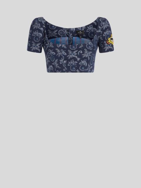 DENIM JACQUARD CROPPED TOP WITH APPLES