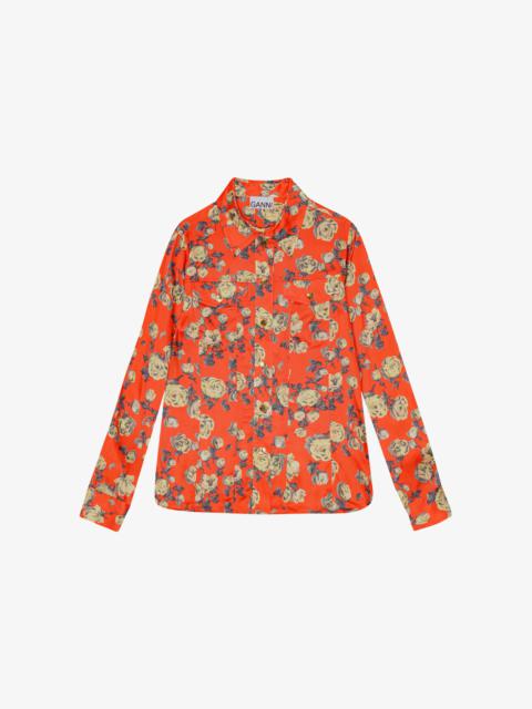 GANNI ORANGE FLORAL PRINTED SATIN SHIRT