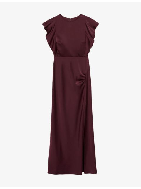 Claudie Pierlot Gathered-Detail Ruffled-Sleeve Satin Midi Dress