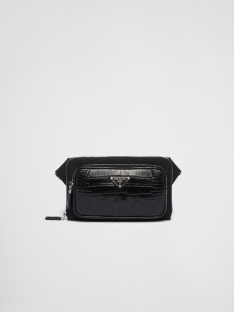 Re-Nylon and crocodile leather shoulder bag