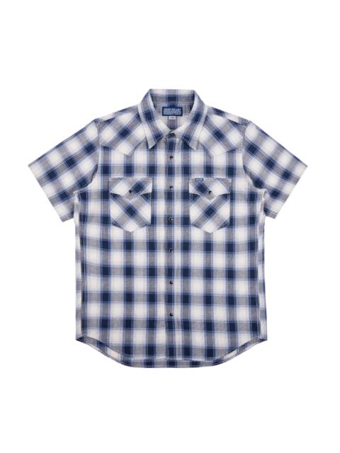 Iron Heart IHSH-418-BLU 5oz Selvedge Madras Check Short Sleeve Western Shirt Blue