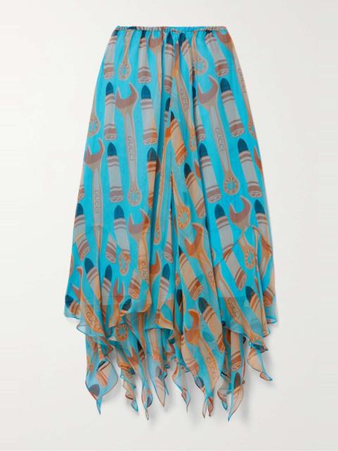 GUCCI Asymmetric printed silk-crepon midi skirt