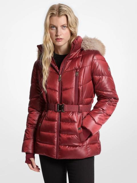 MICHAEL KORS Faux Fur Trim Belted Puffer Jacket