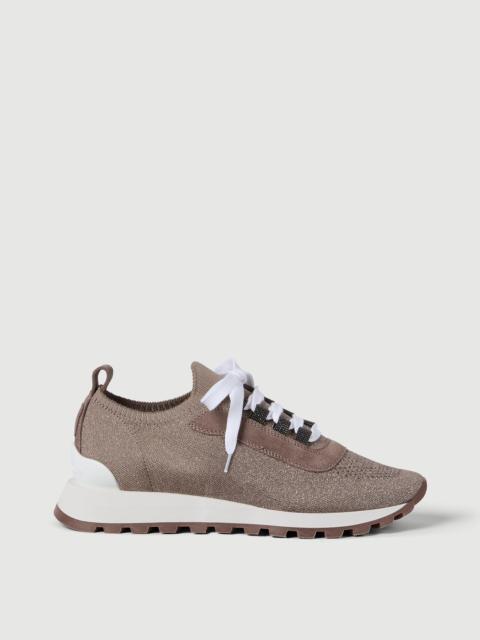 Brunello Cucinelli Suede and sparkling cotton knit runners with shiny eyelets
