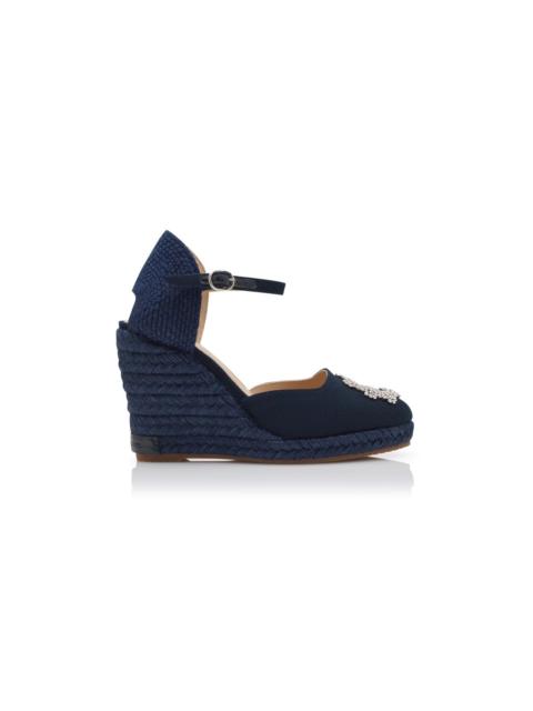 Manolo Blahnik Navy Blue Cotton Crystal Embellished Espadrilles