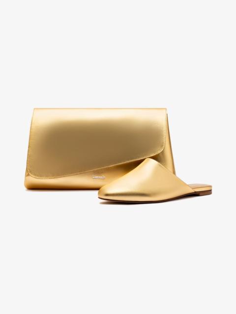 Larroudé Venice Flat Mule and Pouch Kit In Gold Metallic Leather