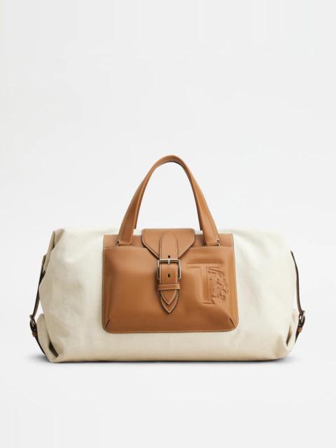 Tod's DUFFLE BAG IN CANVAS AND LEATHER MEDIUM - BROWN, BEIGE