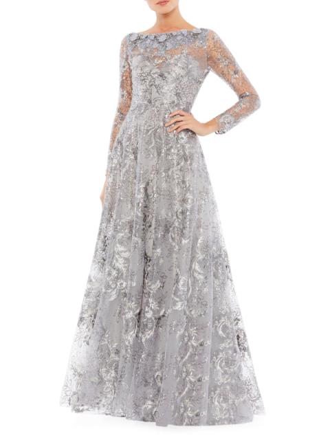MAC DUGGAL Women's Floral Embroidered Illusion Gown - Sterling