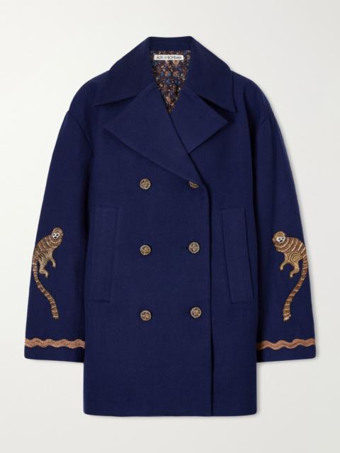ALIX OF BOHEMIA Rivoli bead-embellished embroidered double-breasted wool-twill coat Navy