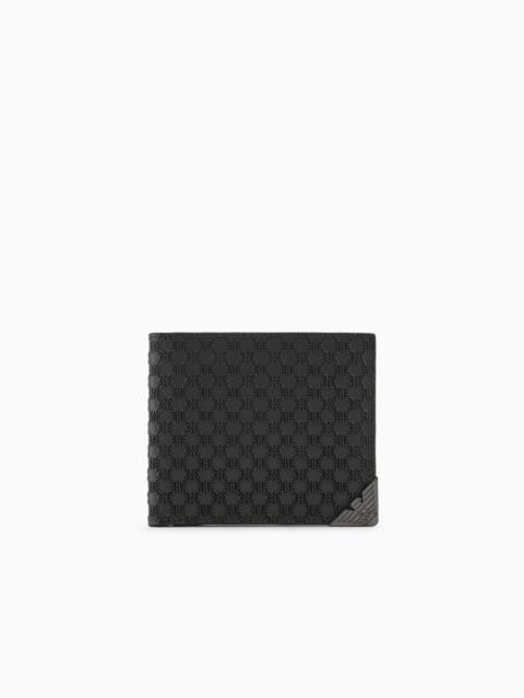 Leather coin-pocket wallet with all-over embossed pattern