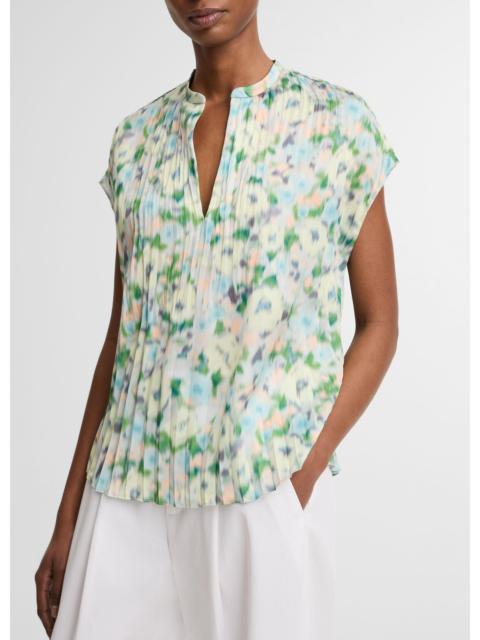Vince Painted Garden Pleated Cap-Sleeve Top
