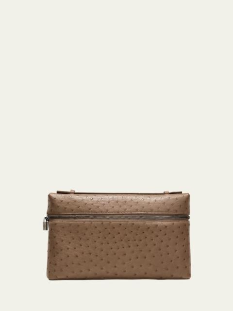 Loro Piana Men's Ostrich-Embossed Zip Pouch Bag