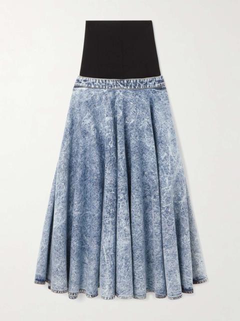 Stretch-knit and pleated denim midi skirt