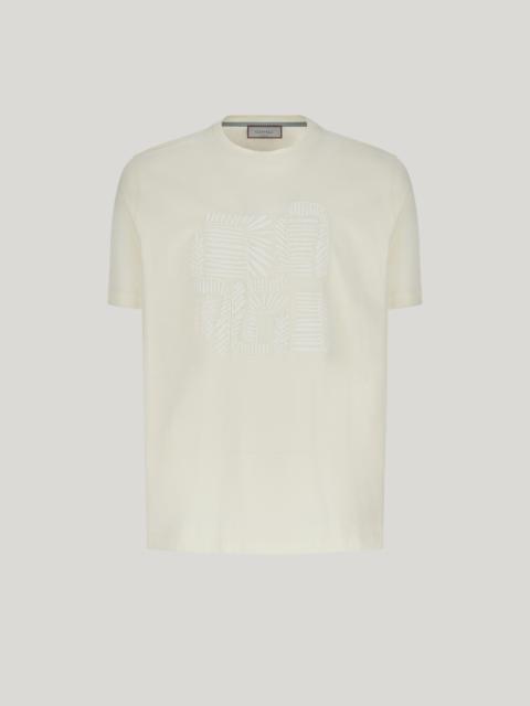 Canali CREAM COTTON JERSEY T-SHIRT WITH RIBBED COLLAR AND GRAPHIC EMBROIDERY
