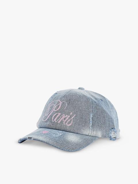 Paris rhinestone-text distressed denim cap