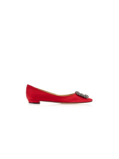 Manolo Blahnik Red Satin Jewel Buckle Flat Shoes