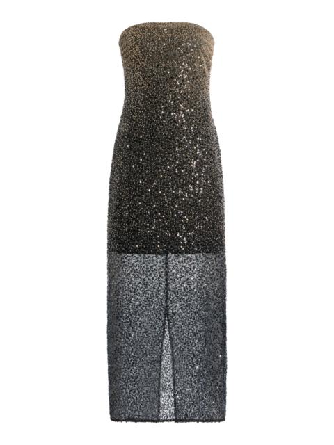 ROTATE Beaded Strapless Midi Dress grey