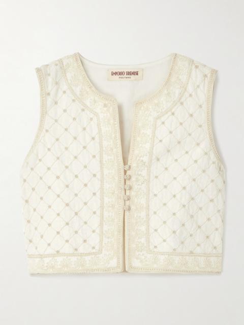 EMPORIO SIRENUSE Clara Palm Bead-embellished Embroidered Ramie And Linen-blend Vest