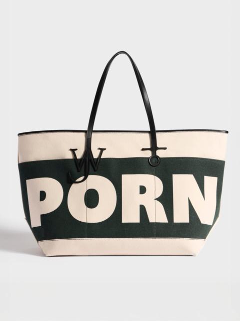 JW Anderson XL 'PORN' ANCHOR CANVAS & LEATHER TOTE IN GREEN & NATURAL