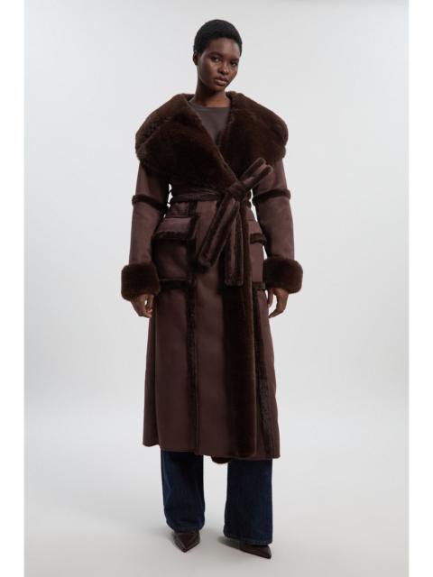 KAREN MILLEN Faux Shearling Collar & Cuff Tie Belt Maxi Coat